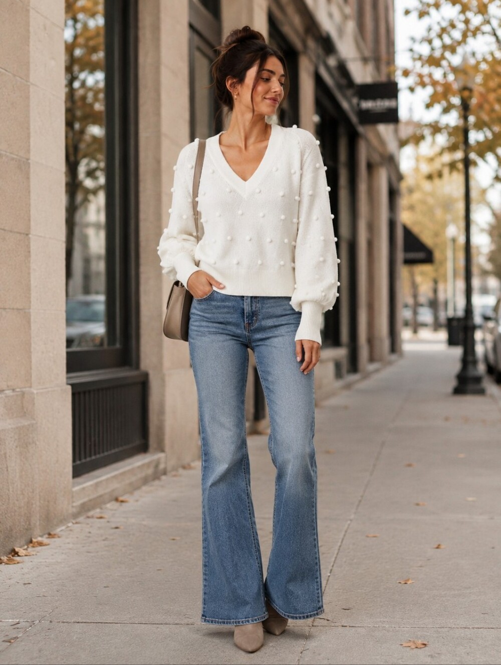 Madewell Bobbie Pom Pom V-Neck Sweater White Large